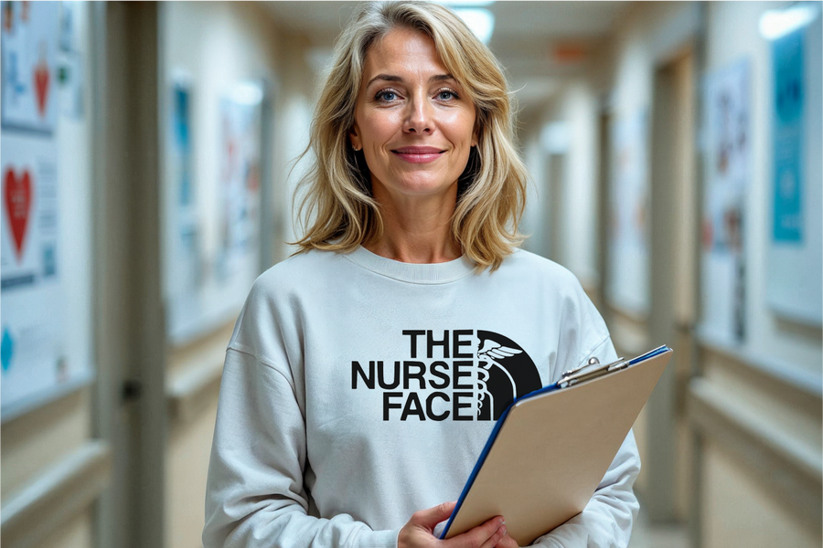 Smiling nurse wearing a personalized sweatshirt with 'The Nurse Face' logo, holding a clipboard in a hospital hallway.