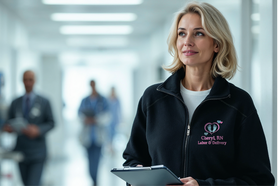 Smiling nurse wearing a personalized black fleece jacket with embroidered name and title, holding a clipboard in a hospital hallway with medical staff in the background.