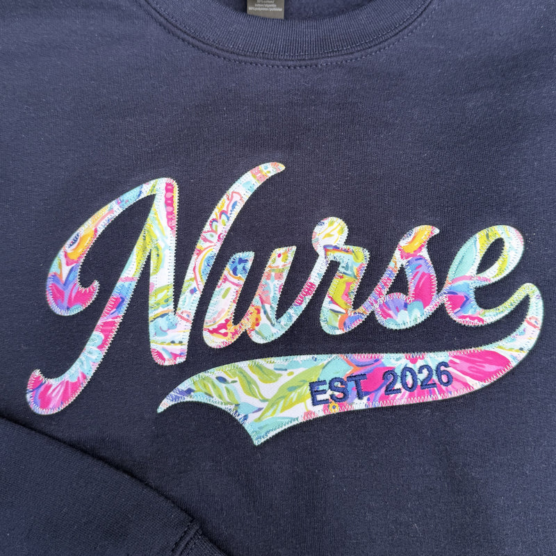 Custom Floral Appliqué Nurse Sweatshirt with Optional Personalized Tail
