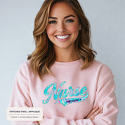 Custom Floral Appliqué Nurse Sweatshirt with Optional Personalized Tail
