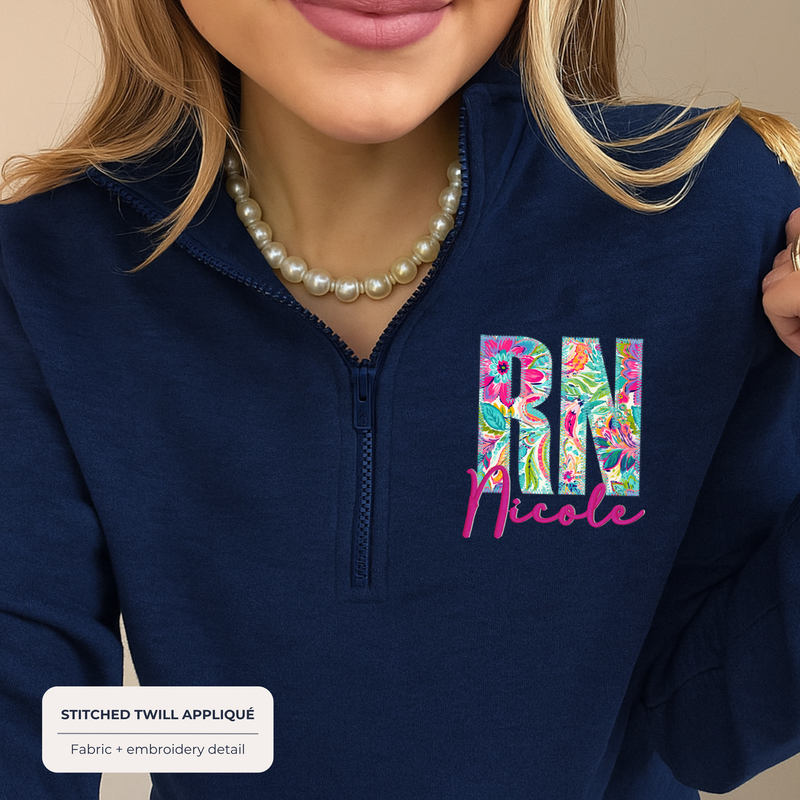 Custom Floral Appliqué Credentials Quarter Zip with Name