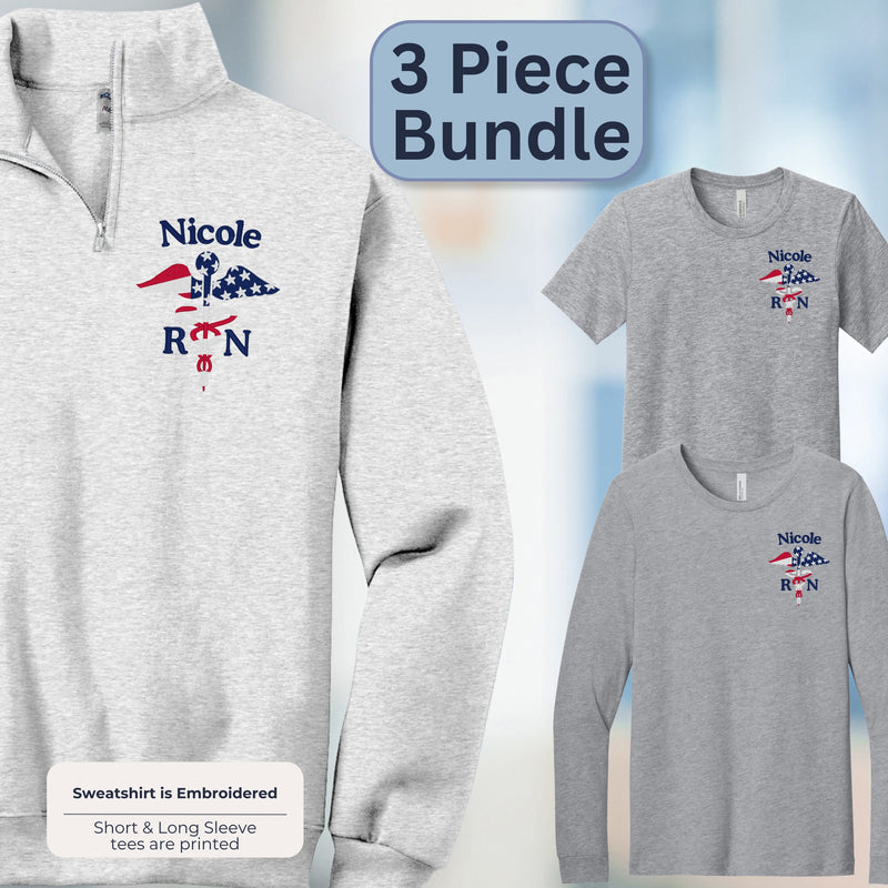 Flag Caduceus Bundle | 1/4 zip Sweatshirt - Long-Sleeve Tee- Short Sleeve Tee