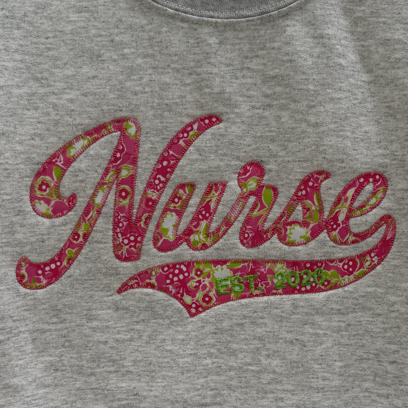 Custom Floral Appliqué Nurse Sweatshirt with Optional Personalized Tail