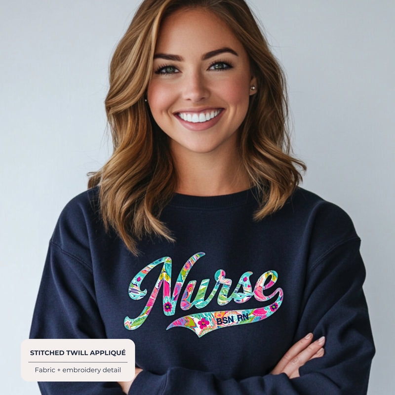 Custom Floral Appliqué Nurse Sweatshirt with Optional Personalized Tail