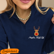 Personalized 1/4 zip Sweatshirt with Embroidered Reindeer
