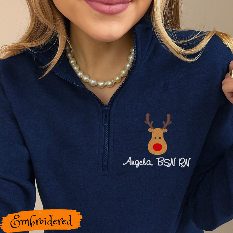 Personalized 1/4 zip Sweatshirt with Embroidered Reindeer