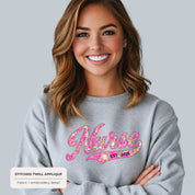 Custom Floral Appliqué Nurse Sweatshirt with Optional Personalized Tail