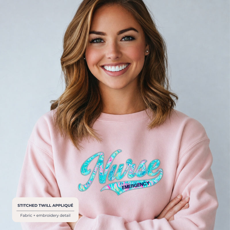 Custom Floral Appliqué Nurse Sweatshirt with Optional Personalized Tail