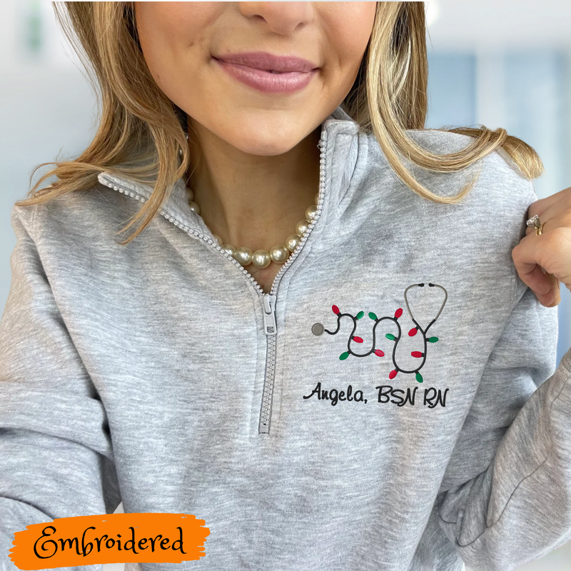 Personalized 1/4 zip  Unisex Sweatshirt with Embroidered Xmas Lights