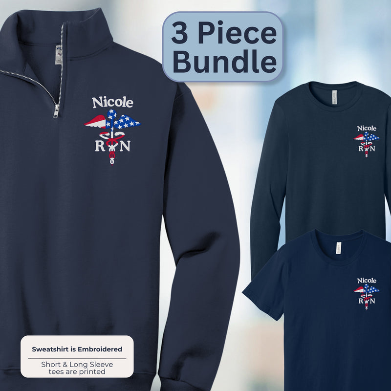 Flag Caduceus Bundle | 1/4 zip Sweatshirt - Long-Sleeve Tee- Short Sleeve Tee