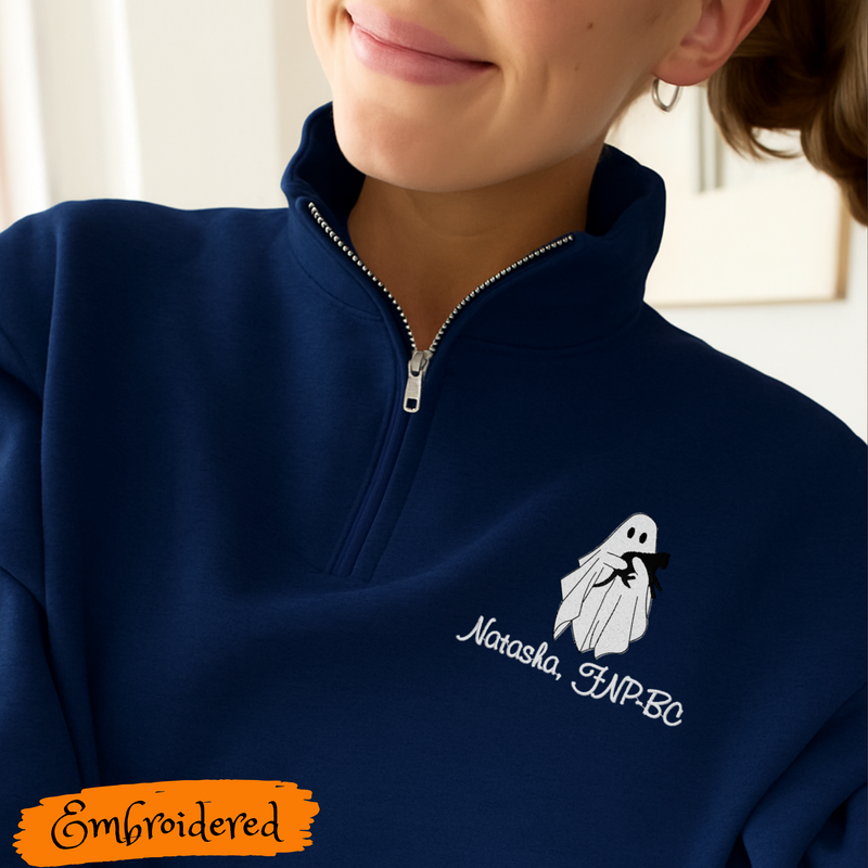 Embroidered 1/4 zip  Sweatshirt with Personalized Ghost Cat