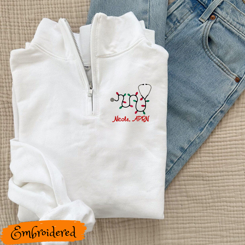 Personalized 1/4 zip  Unisex Sweatshirt with Embroidered Xmas Lights