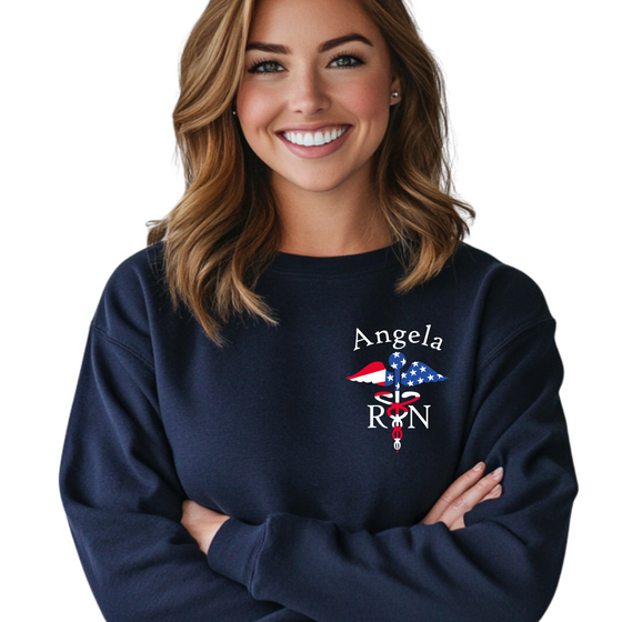 Personalized Crew Neck  Embroidered Flag Caduceus Sweatshirt