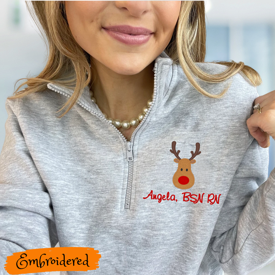 Personalized 1/4 zip  Sweatshirt with Embroidered Reindeer