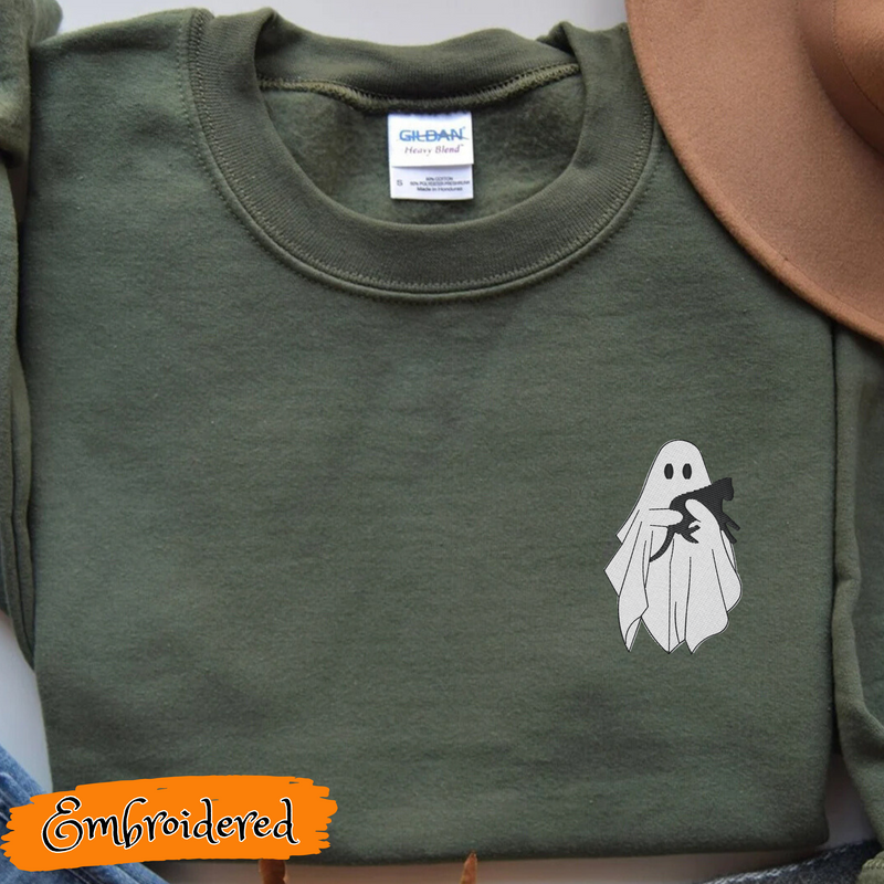 Embroidered Crewneck Sweatshirt | Ghost with Cat